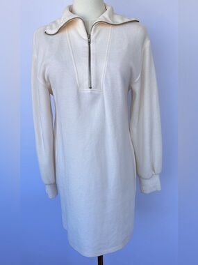 Zara Women’s Ribbed Knit‎ Tunic Dress 1/3 Zip Cream Long Sleeve Size Small